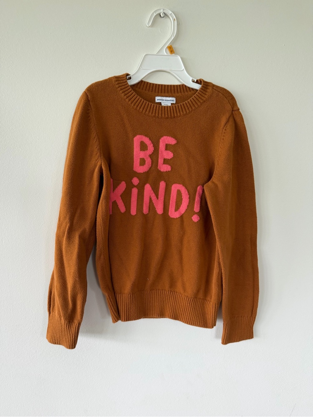 Amazon Essentials Brown Crewneck Sweater with Pink "BE KIND" Graphic